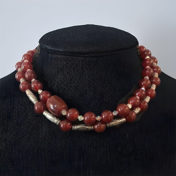 DARK RED CARNELIAN BEADED STATEMENT CHOKER NECKLACES SET OF TWO - Picture 1 of 12